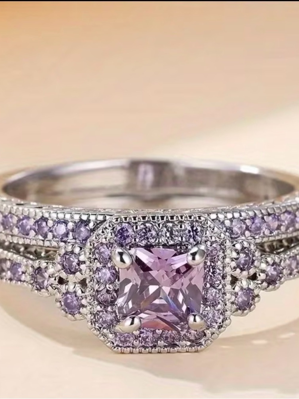 Sterling Silver Lavender Cubic Zirconia Halo Ring - Women Jewelry